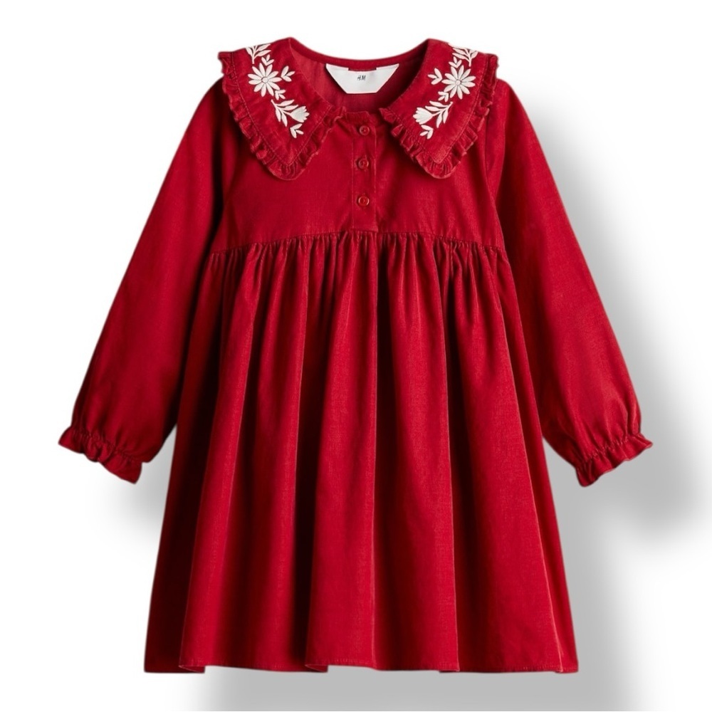 H&M | Red and White Embroidered Corduroy Dress (8)